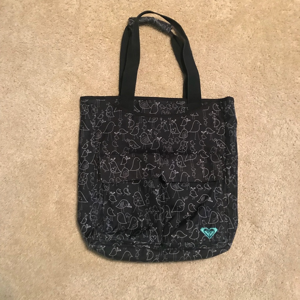 Roxy Black Tote Bag with Bird Pattern